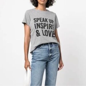 Cinq A Sept Top Speak Up Inspire and Love crewneck T shirt Gray Short Sleeve XXS